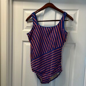 Lands’End one piece swimsuit, size 16 blue orange striped new without tags